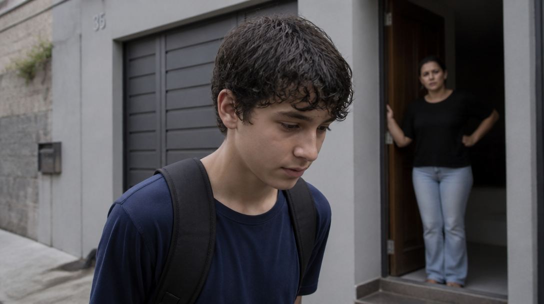 O filho saindo de cabelo molhado — e a mãe na porta