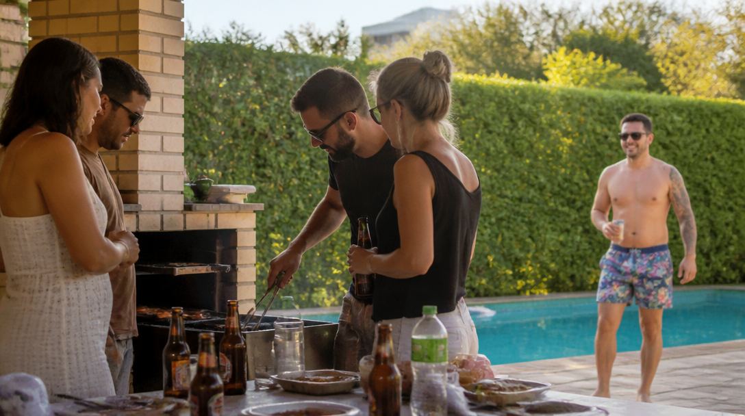 O churrasco na beira da piscina, com a cerveja na mesa