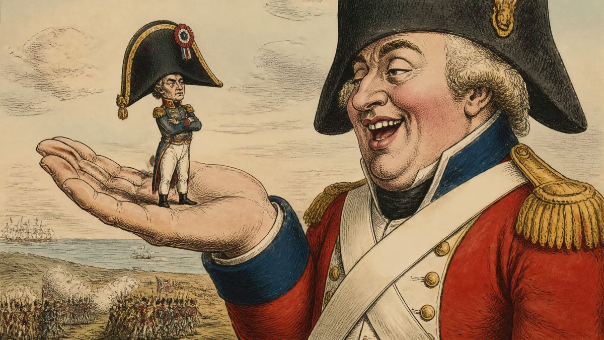Ilustração no estilo das caricaturas inglesas da época: o Napoleão minúsculo na mão de um soldado inglês