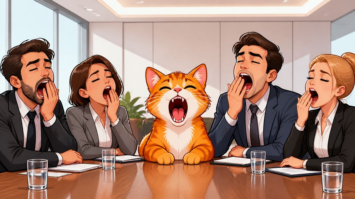 O gato bocejando no meio da reunião, e todo mundo em volta pegando o bocejo