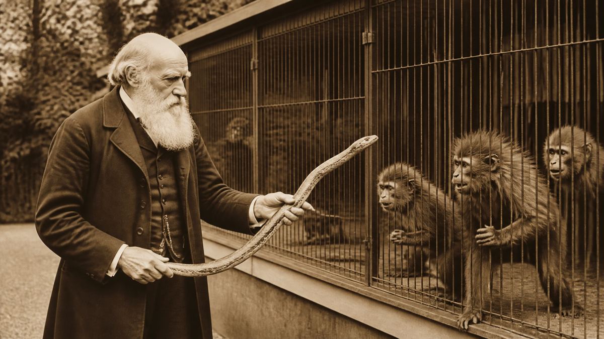 Ilustração: Darwin, a cobra empalhada e os macacos do Zoológico de Londres