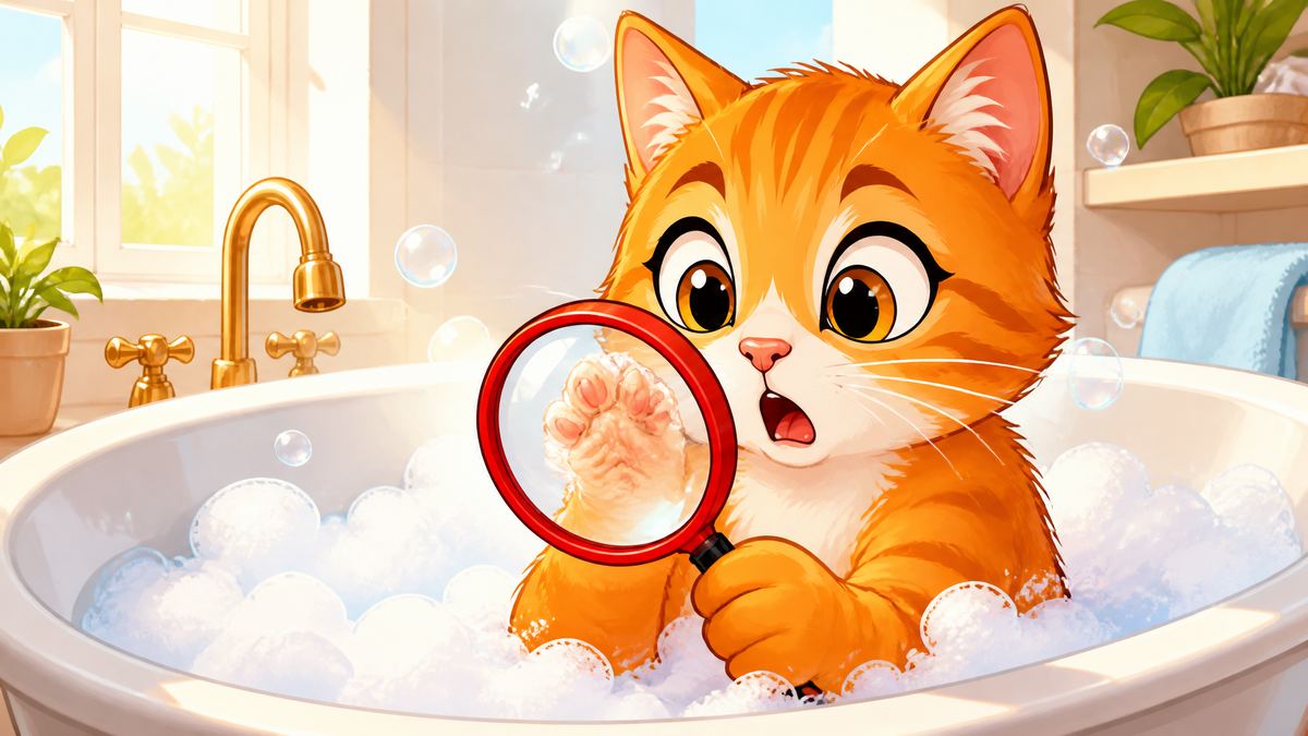 O gato na banheira, conferindo com a lupa a pata enrugada