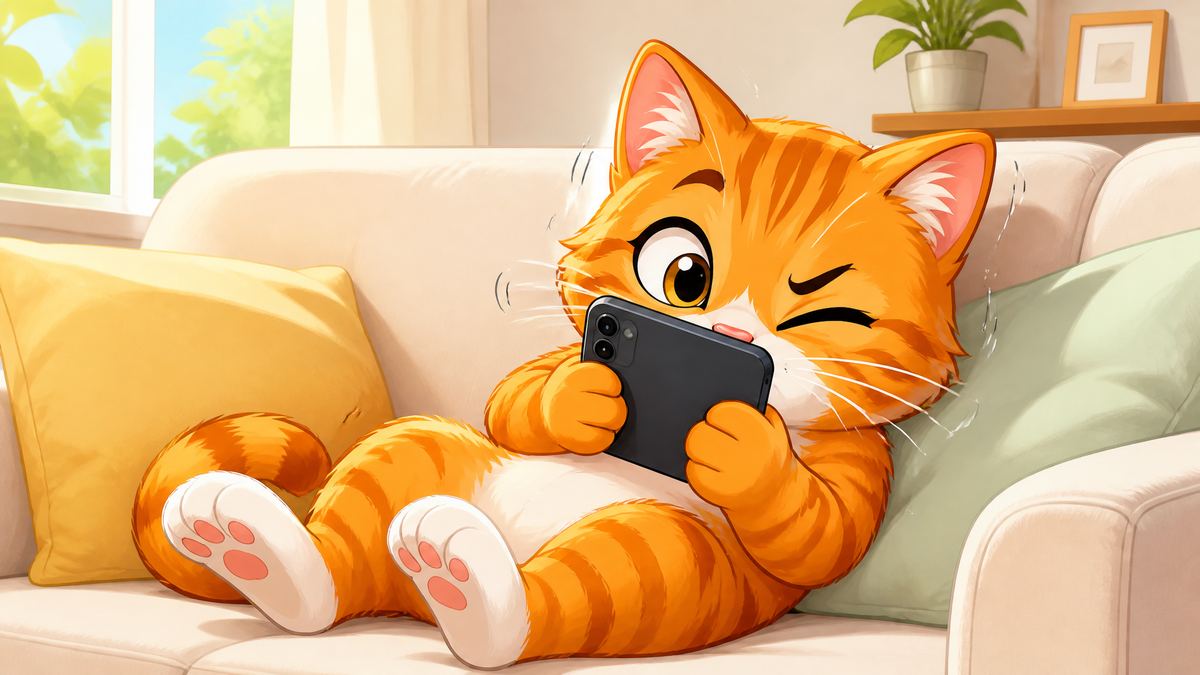 O gato no sofá, com o celular colado no rosto e um olho tremendo