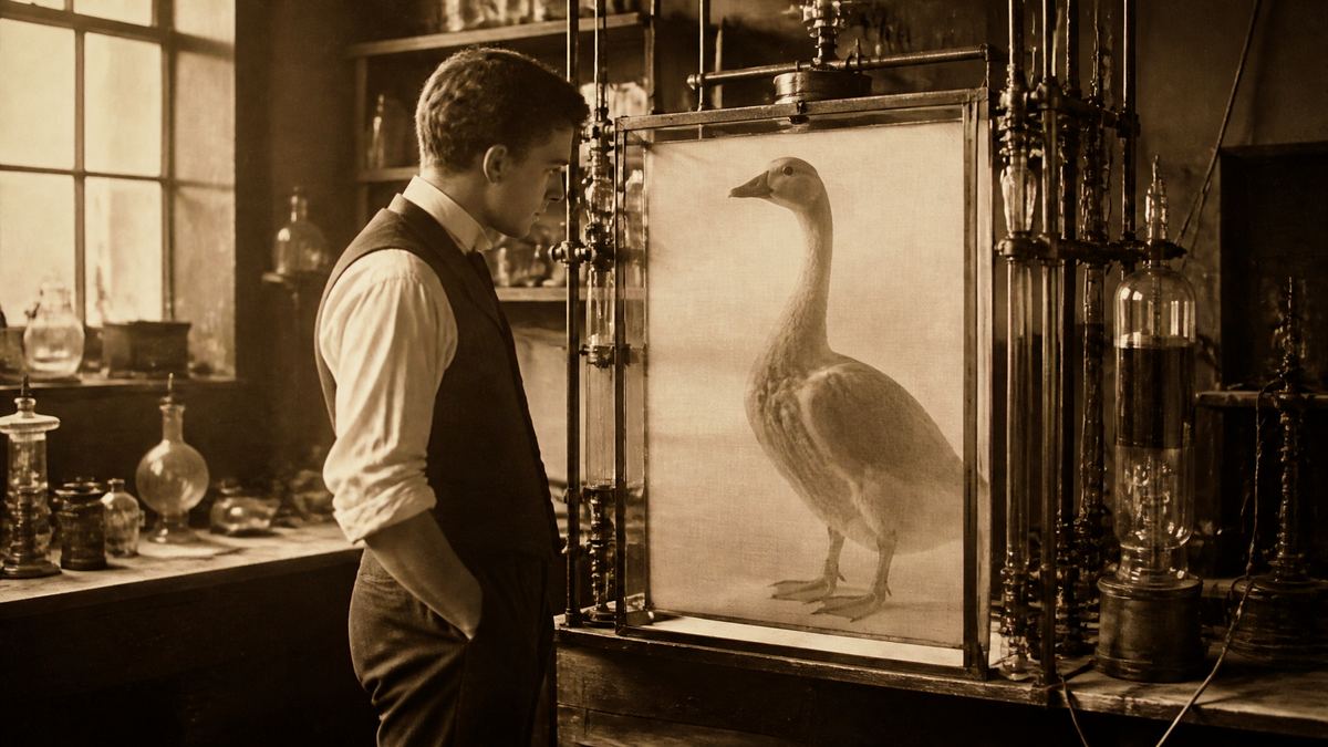Ilustração: Walter Cannon e o ganso diante do raio X, em 1896