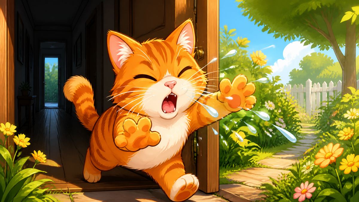 O gato saindo do corredor escuro para o jardim ensolarado, no meio do espirro
