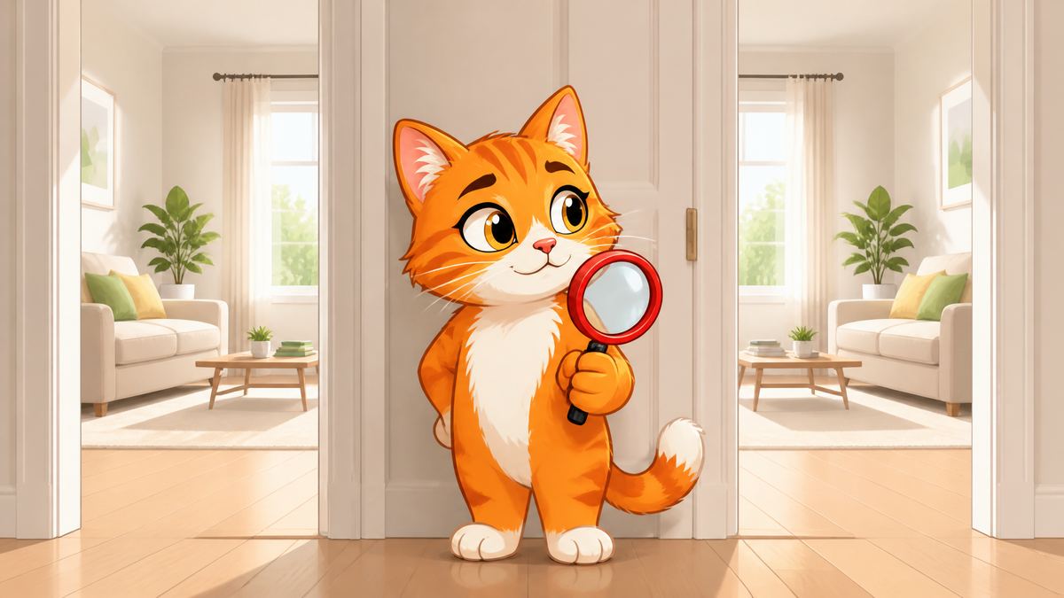 O gato na porta entre dois cômodos idênticos