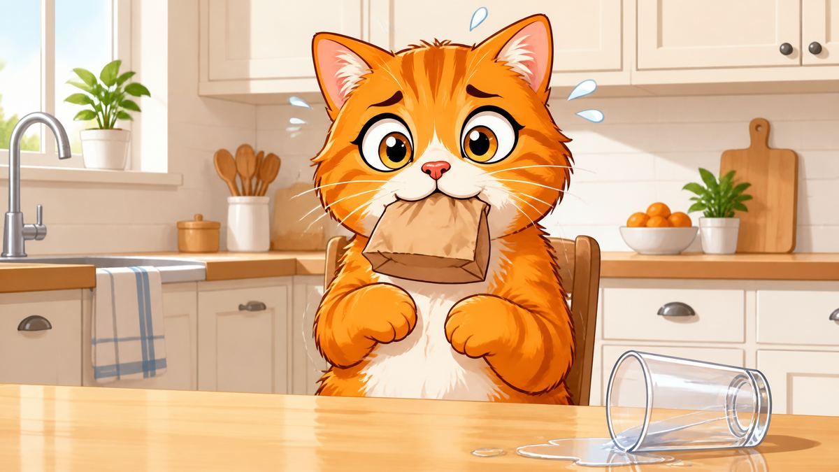 O gato com o saco de papel na boca, no meio de um soluço