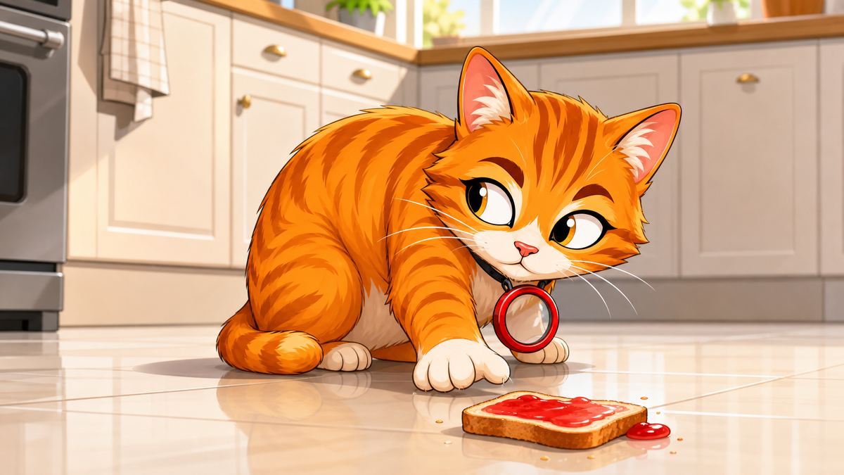 O gato agachado no chão da cozinha, olhando para a torrada que caiu