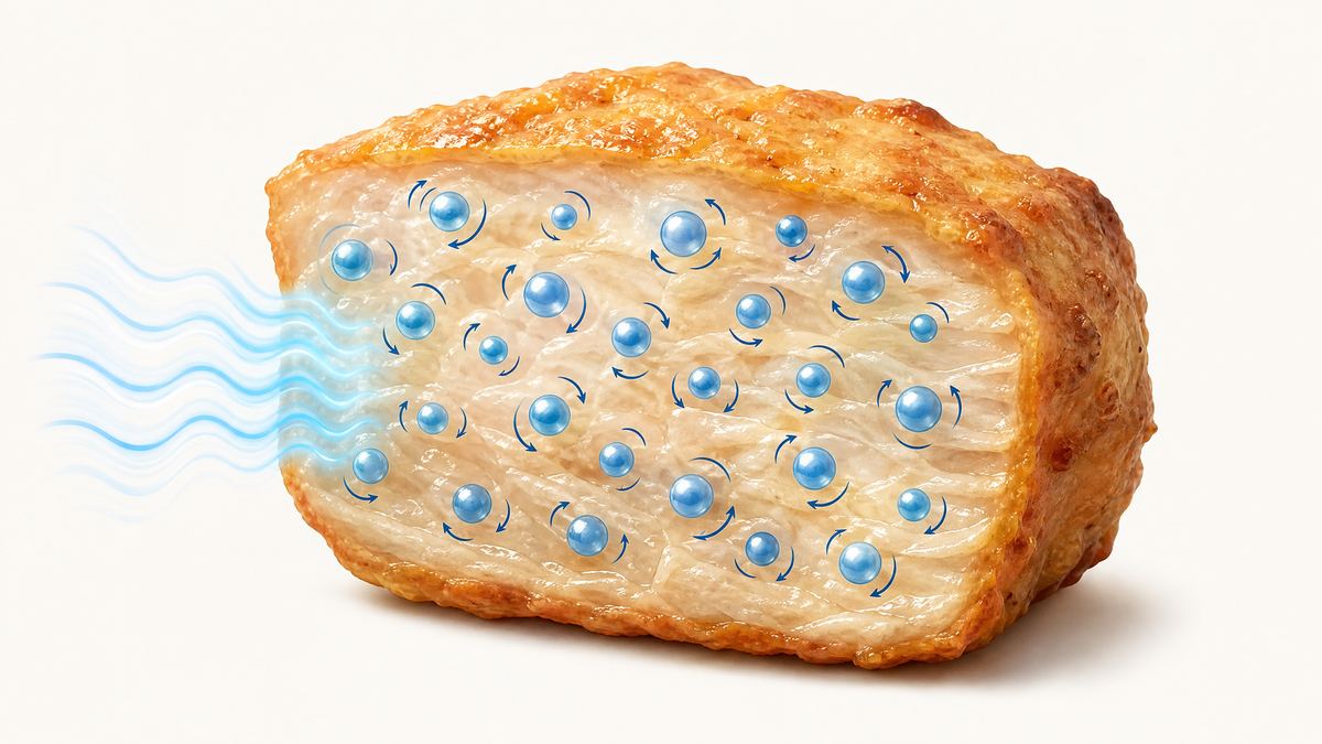 As moléculas de água agitadas dentro de um pedaço de comida