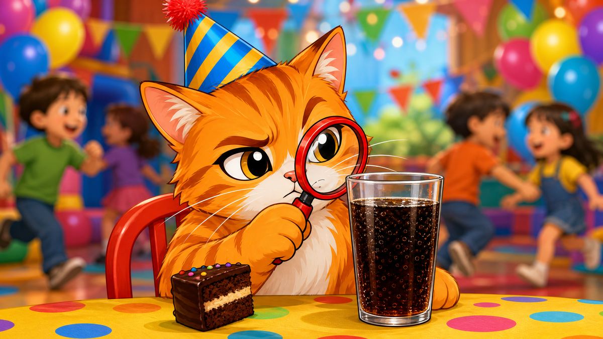 O gato numa festa infantil, de chapéu de festa, investigando o bolo e o refrigerante