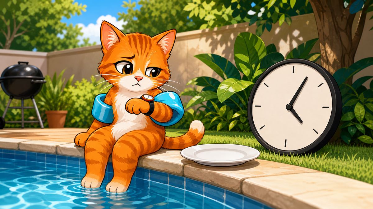 O gato de boia na borda da piscina, esperando a hora passar