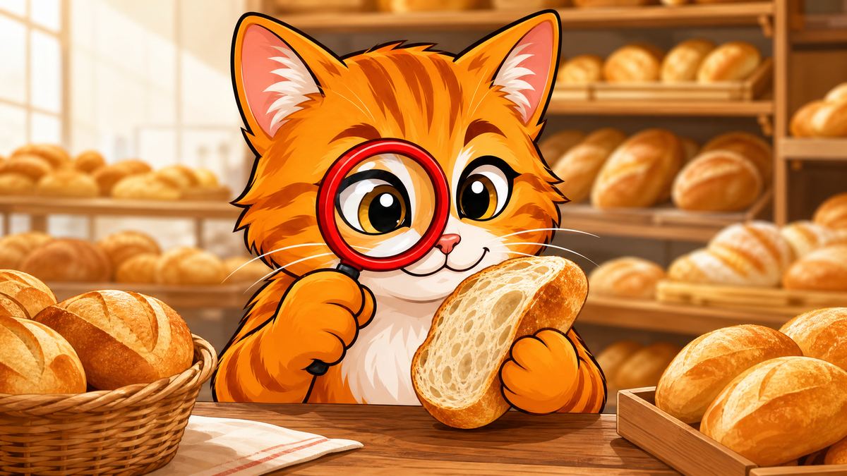 O gato numa padaria, examinando um pão com a lupa