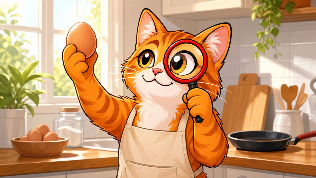 O gato de avental na cozinha, examinando um ovo com a lupa
