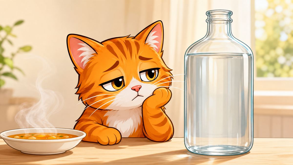 O gato à mesa, entre a garrafa d'água e o prato de sopa
