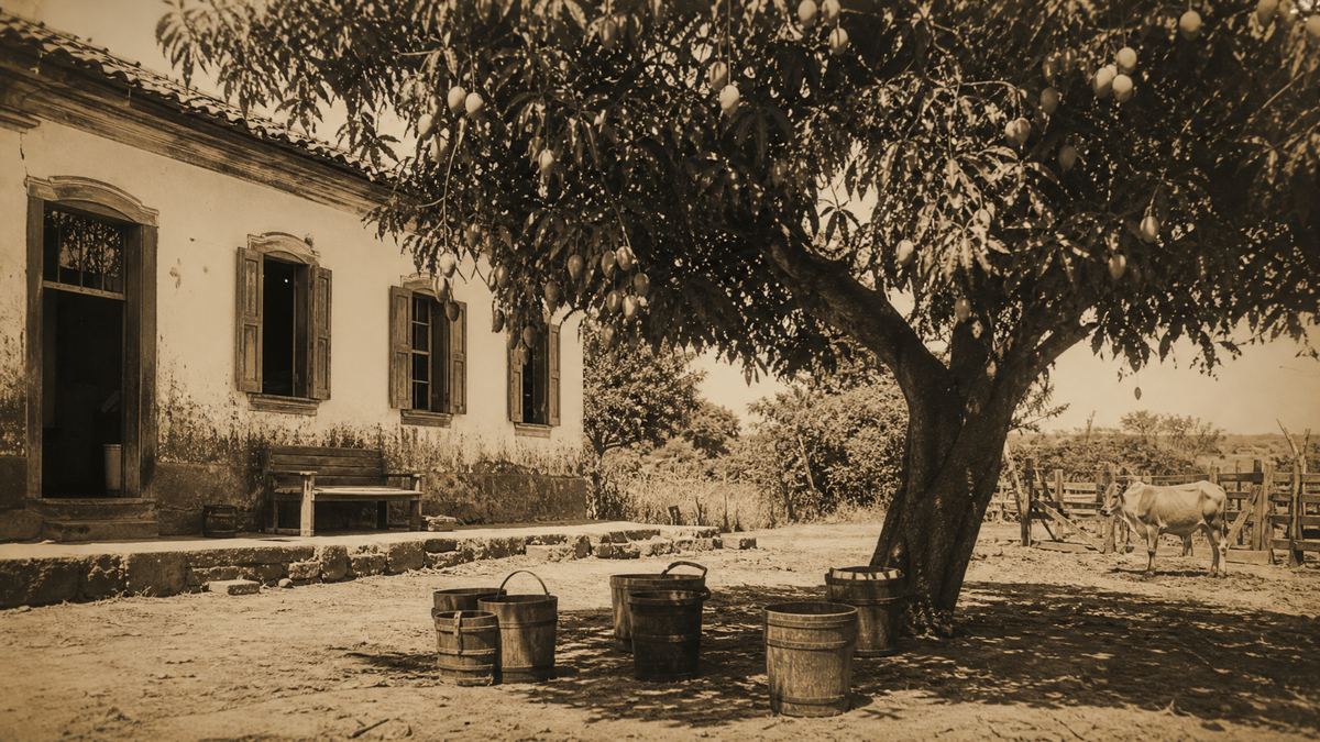 Ilustração: o quintal de uma fazenda brasileira do século 19, à sombra de uma mangueira