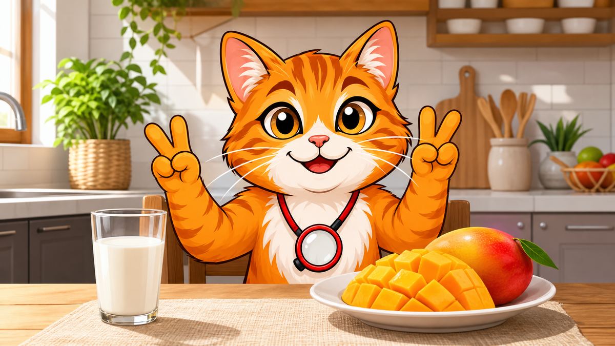 O gato à mesa com um copo de leite e uma manga cortada