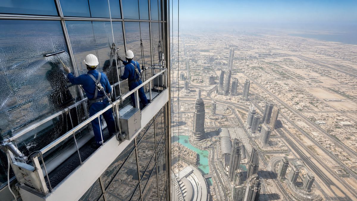 Dois limpadores numa gôndola passam o rodo no vidro do Burj Khalifa, com Dubai lá embaixo